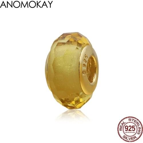 Anomokay Yellow Gold Powder Murano Crystal Charm fit Bracelet Bangle Genuine 925 Silver Beads for Diy Jewelry Making