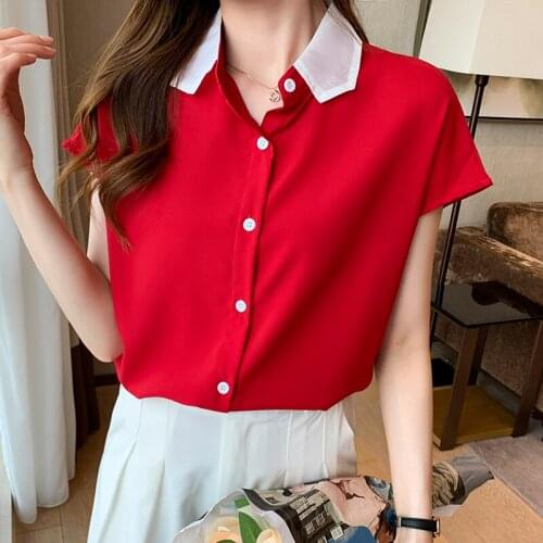 Short sleeve red blouse korean fashion women summer tops loose professional button up shirt lapel chiffon blouses women tunics