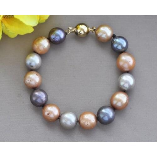 MCT·STAR Z10597 8" 12mm Round Black Gray Champagne Edison Keshi Pearl Bracelet