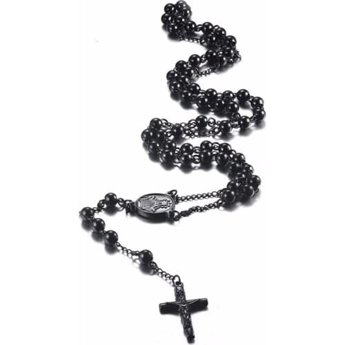 4/6/8mm Shining Black Filled Stainless Steel Bless Rosary Beads Trendy Sweater Chain Rosarios Catolicos Para Womens Necklace