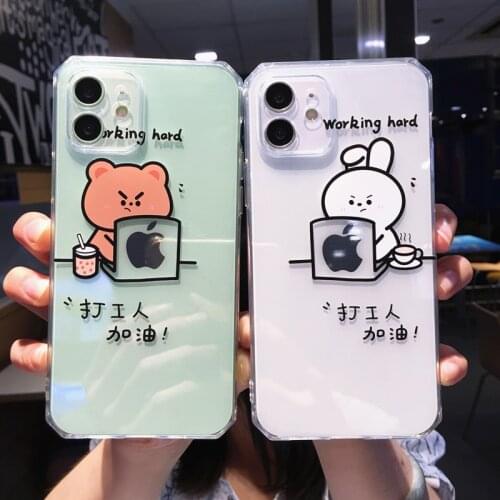 Cute Cartoon Bear Rabbit Couple Phone Case For iPhone 12 Pro MAX 11 X XS XR 7 8 Plus Transparent Soft TPU Shockproof Back Cover