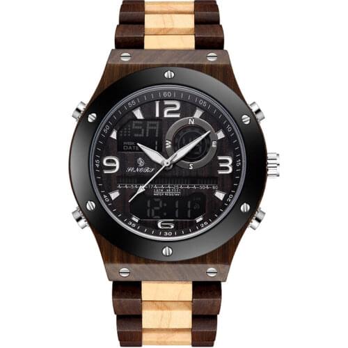 Wood Watches Men Multifunction Dual Display 12/24 Hour Digital Wristwatch LED Analog Quartz Wood Watch Luminous Back Light
