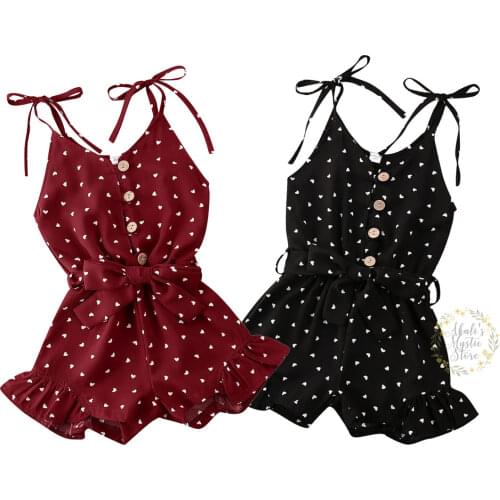 1-6Y Toddler Baby Kid Girls Jumpsuit Ruffles Bow Rompers V neck Heart Print Summer Children Girls Clothes Costumes Black Red