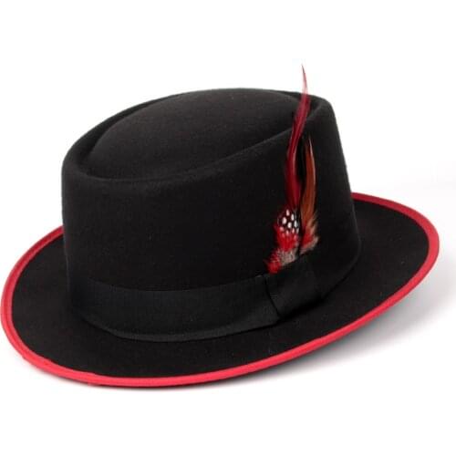 Men Women Flat Wool Fedora Hat Pork Pie Hat Red Feather Church Hat Jazz Hat Size 58CM