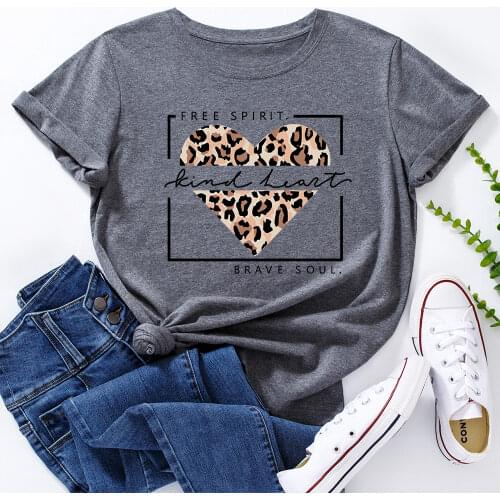 Leopard Love Heart Free Kind Spirit Brave Soul T-Shirt Funny Shirts for Women Female Graphic Tee Short Sleeve Summer Shirts Tops
