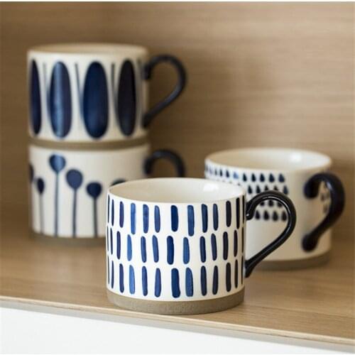 Nordic Ceramic Blue Glazed Coffee Cup Simple Porcelain Breakfast Oatmeal Milk Mug Large Capacity Underglaze Hand Painted Teacup