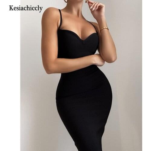 Kesiachiccly Sexy Spaghetti Strap Dress Women V Neck Ruched Bodycon Midi Dress Ladies Summer Club Party Elegant Clothing Zipper