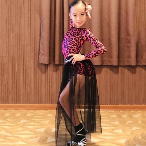 Girls Latin Dance Costume Pink Leopard Leotard Mesh Black Skirt Perofrmance Dance Wear Autumn Winter Long Sleeves Dress BL4864