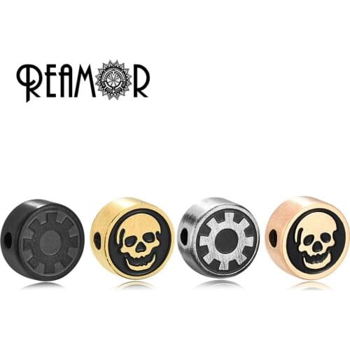 REAMOR Retro Black Vacuum Plated Round Skull Head Beads 316l Stainless Steel Gear Spacer Beads For DIY Bracelets Jewelry Making