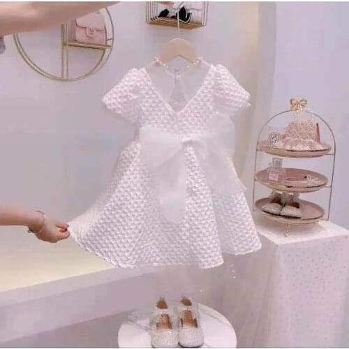 Summer short sleeve skirt Baby Girl Princess Dress White Pink Cotton Vestido Pearl Party Wedding Pageant Clothes