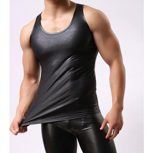 Fashion Faux Leather Men Sexy Fitness Tank Top/Sleeveless Menss Bottom Bodybuilding Stringers Vest (Top Only)