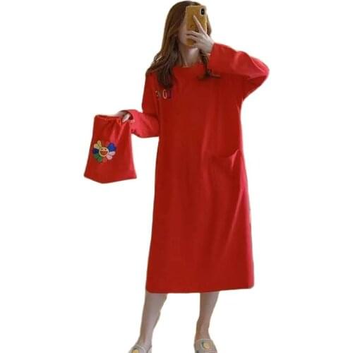 Fashion Spring And Autumn Dresses For Women 2021 New Cotton Long-Sleeved Plus Size Loose Over The Knee Dress Home Pajamas Dress