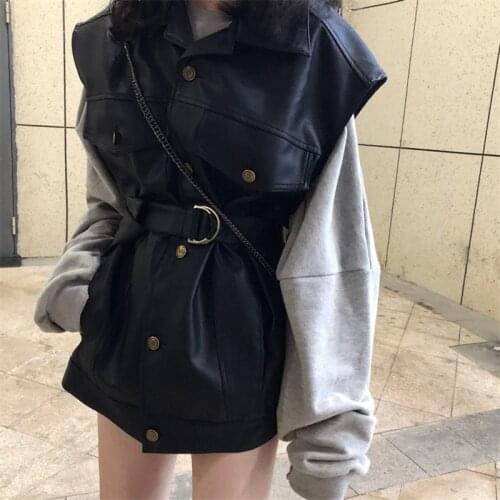 2020 auutmn fashion turn down collar pu leather top vest women Sleeveless slim waist jacket