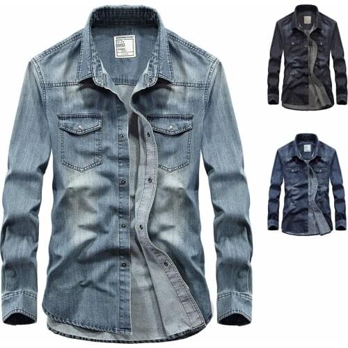 Dropshipping Fashion Mens Denim Shirt Long Sleeve 100% Cotton High Quality Handsome Hombre Casual Jean Shirt Top Plus Size S-4XL