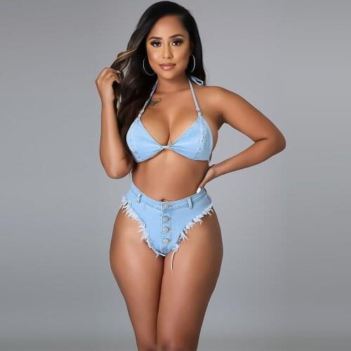 Sexy Bandage 2 Piece Matching Set Womens Denim Tracksuit Summer Halter Backless Bra Top and Low Waist Shorts Co-ord Outfits