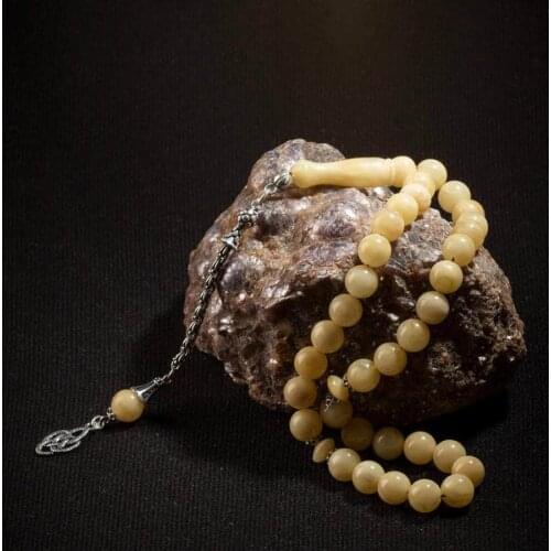 Silver Honey Colored Amber Gemstone Prayer Rosary Men Sphere Rosary With Silver Tassel Turkish Tasbih With Knitted Model Tassel