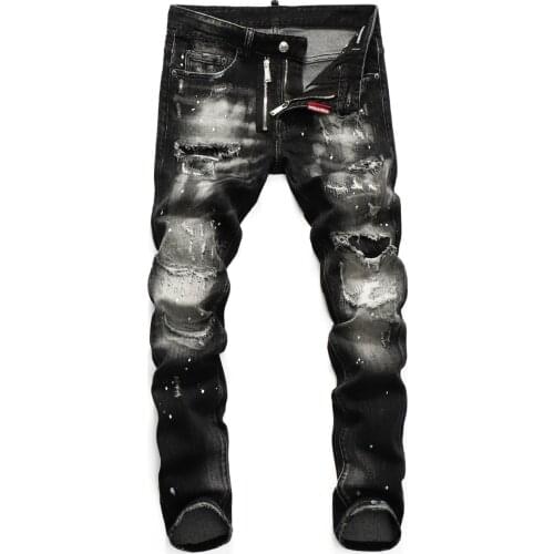 SEVEYFAN 2021 Mens Distressed Skinny Painted Jeans Black Ripped Patchwork Denim Pants for Male