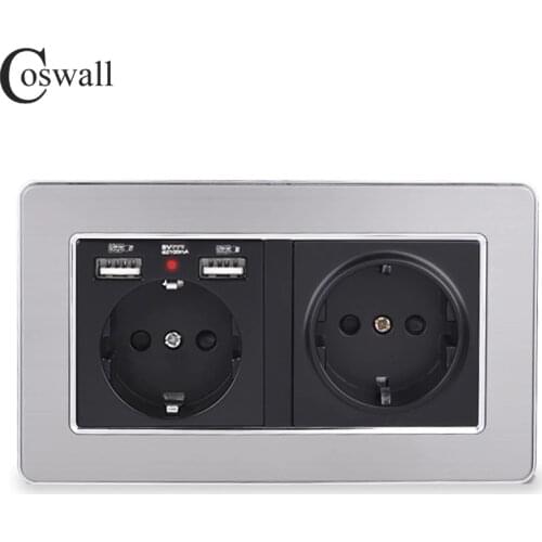 COSWALL Brand Double Russia Spain EU Standard Wall Socket With 2 USB Charge Port Hidden Soft LED Indicator Stainless Steel Frame
