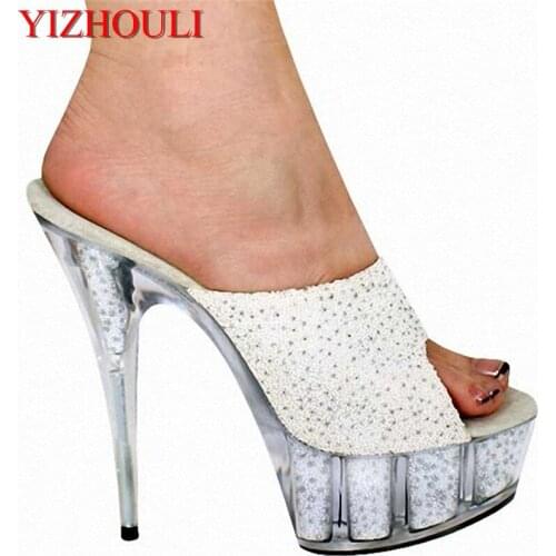 Sexy woman 15cm high heel waterproof table cool flash powder crystal slippers fashion model fashion shoes