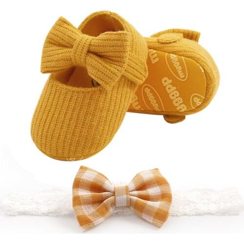 Pudcoco Baby Girls Shoes and Headband Solid Color Anti-Slip Shoes+ Plaid Bowknot Headwear 2 Piece Set Woolen Princess Shoes