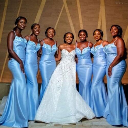 Gorgeous Custom Made Long Spaghetti Straps Sweetheart Mermaid Blue Sweetheart Bridesmaid Dresses for Black Girls