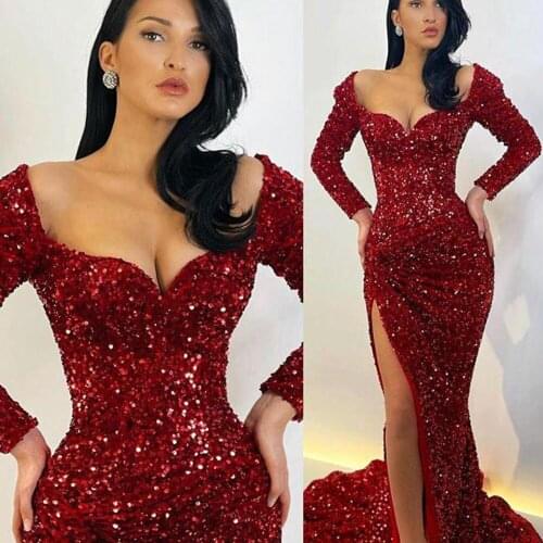 Gorgeous Sequin Evening Dresses Long Luxury 2021 Burgundy Mermaid Split Women Formal Prom Gowns Sexy Party Dress robes de soirée