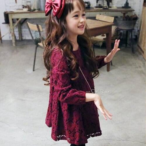 Wine Girls Dress Lace Bowknot Baby Girl Clothes Princess Dress Long Sleeve Autumn Children Wedding Party Dresses Kids Clothing