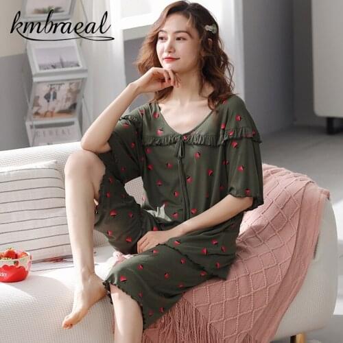 Womens Pajamas Summer Half Sleeve V-neck Ice Feels Viscose Leisure 7-point Pants Sleepwear Homewear Two Piece Plus Size 3XL New