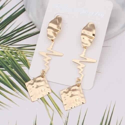 Korean Fashion Heart Beat Rhombus Long Pendant Earrings For Women Statement Gold Color Metal Tassel Brincos Wedding Jewelry Gift