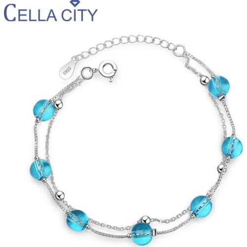 Cellacity Aquamarine Silver 925 Bracelet for Women Round Gemstones Fine Jewelry Korean Style Engagement Party Accessory Gifts
