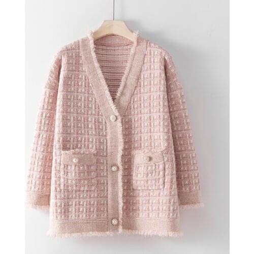 2021 Autumn Winter Warm Plaid Knitted Cardigan Sweater Women Sweaters Loose Knit Sweater Coat Pocket Casual Jumper Outerwear Top