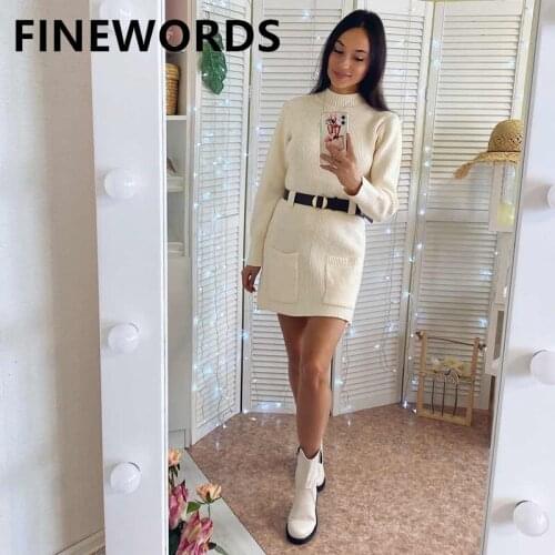 FINEWORDS Vintage Korean Beige Knitted Winter Dress With Belt Casual Chirstmas Long Sleeve Dress O Neck Sexy Mini Sweater Dress