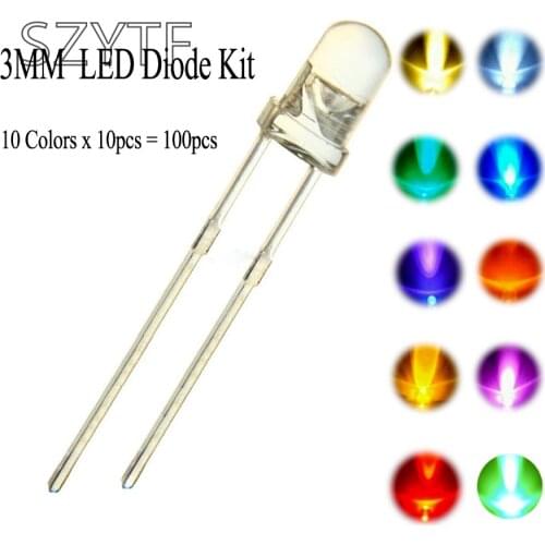 100PCS 3mm LED Diode Kit 3 mm Light Emitting Warm White Green Red Blue Yellow Orange Purple UV Pink LED DIY