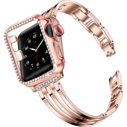 2set for apple watch 6 se 40mm 44mm band + case for iwatch 5 4 3 38mm 42mm strap bling Jewelry Stainless Steel Bracelet pc case