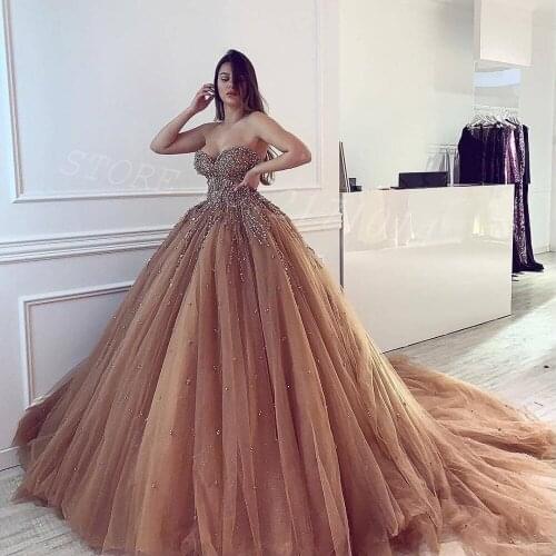 2020 New Hot Stunning Luxury Sweetheart Crystals Sequin Beaded Backless Tulle Dark Champagne Long Puffy Ball Gown Prom Dress