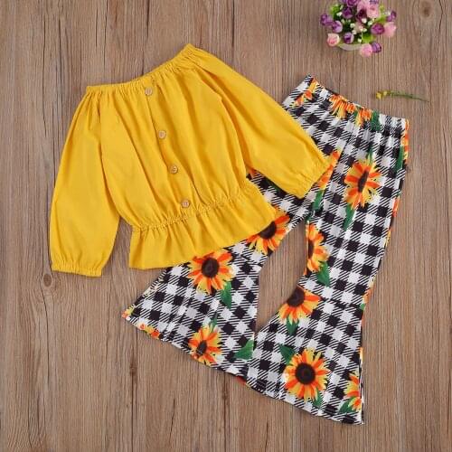 2021 Fashion Infant Baby Girls Clothes Sets Off Shoulder Long Sleeve Button Solid T Shirts Floral Print Flare Pants 2PCS