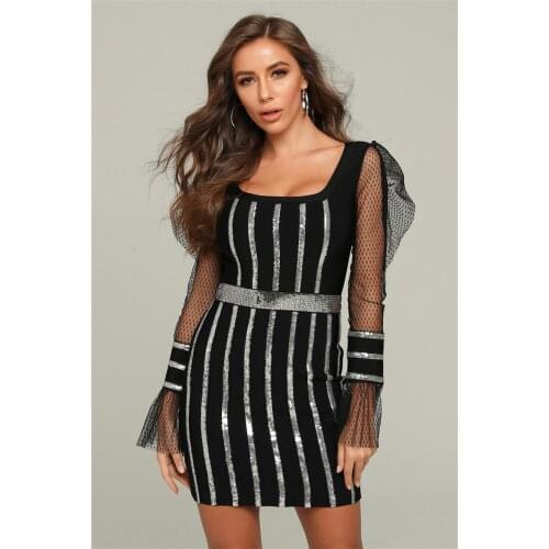 Bandage Dress Long Sleeve Sequins Lace Rayon Mini Skinny Black Elegant Womens Dresses Evening Party Dress