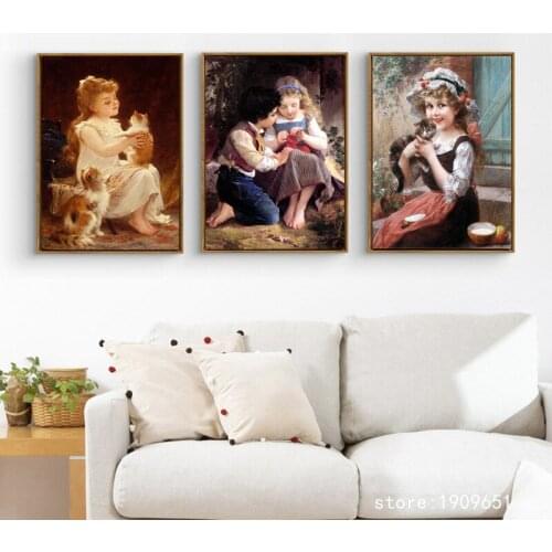 No frame classical angel girl cat dog figures canvas printings oil painting printed on cotton home wall art decoration picture