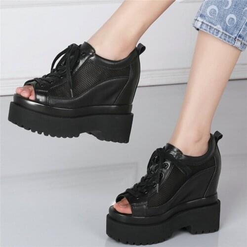 Casual Shoe Women Genuine Leather Wedges High Heel Ankle Boots Female Lace Up Summer Fashion Sneakers Peep Toe Gladiator Sandals