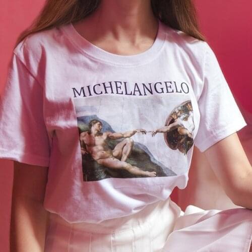 Colored Michelangelo Hands Creation Of adam T-Shirt funny 100% Cotton graphic unisex women hipster casual Fashion tshirt top tee