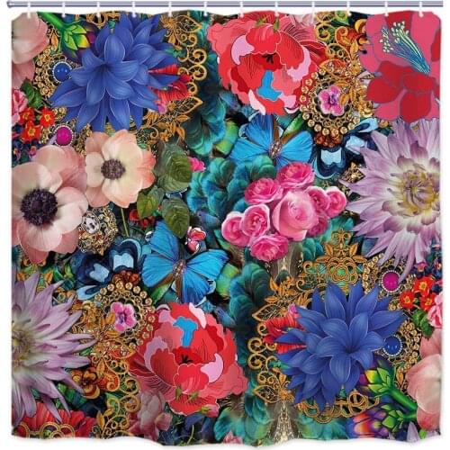 Floral Colorful Flower with European lace gem Bath Curtains Farmhouse Botanical Border Herbs Leaves Bathroom Decor