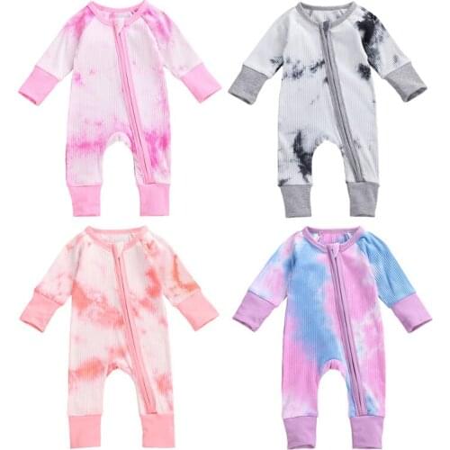 Baby Girls Boys Ribbed Knitted Romper Toddler Newborn Baby Girls Boys Long Sleeve Colorful Tie Dye Print Zipper Romper Jumpsuits