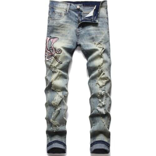 New Fashion Trendy Ripped Hole Slim Fit Stretch Embroidery Cobra Mens Jeans Skinny Trendy Pants Mens Summer Jeans