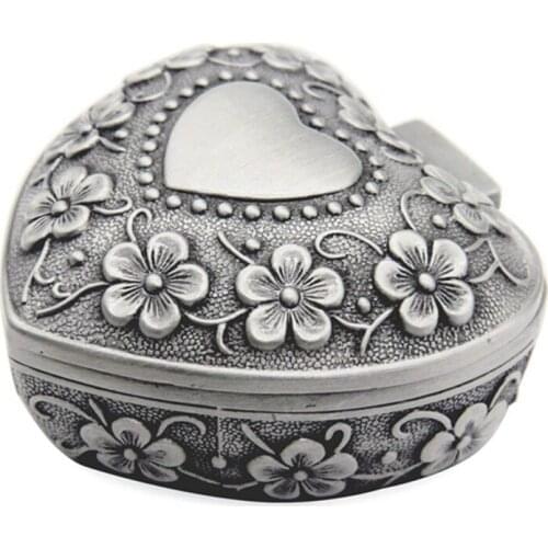 Quality Classic Vintage Antique Heart Shape Jewelry Box Ring Small Trinket Storage Organizer Chest Christmas Gift,Silver