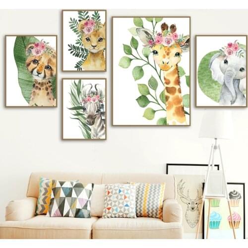 Jungle Giraffe Zebra Lion Leopard Elephant Wall Art Canvas Painting Nordic Posters And Prints Wall Pictures Baby Kids Room Decor