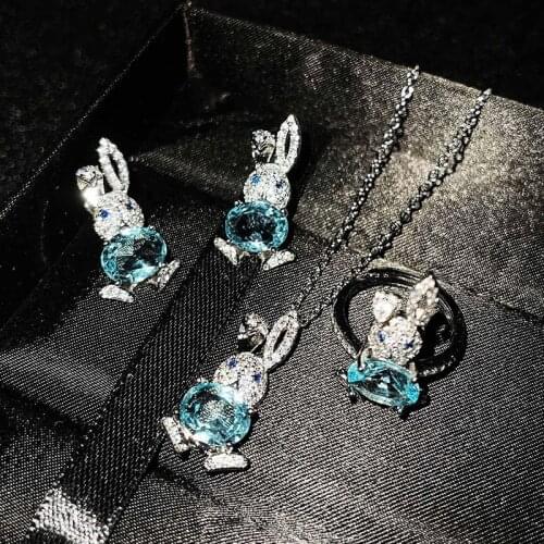 Little Cute Rabbit Pendant Choker Jewelry Set Pave CZ Sky Blue Topaz Rabbit Necklace Bunny Stud Earrings Ring for Women Students