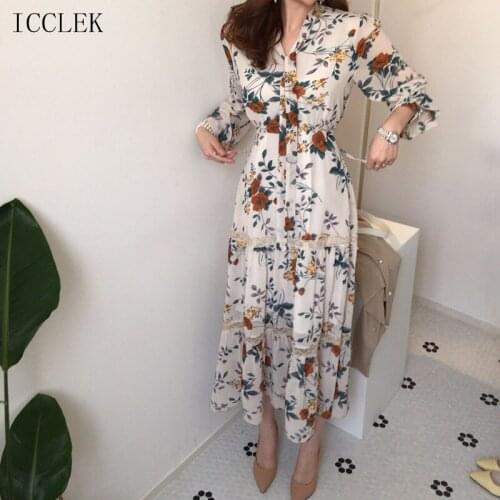 Korean Fashion Chiffon Dress Elegant Office Lady Dress 2021 Spring Autumn New WomenS Clothing Floral Lace Receiving Waist Dress
