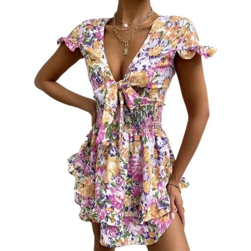 Summer Dress Women Robe Femme Flower Print Dresses Irregular Shrinkage Bow Short Sleeve Mini Dress For Woman Vestido De Mujer