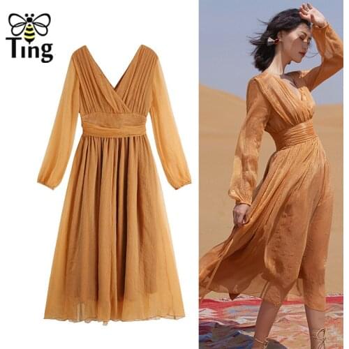 Tingfly Summer V neck High Waist Boho Holiday Dress Fashion Flowy Vintage Glitter Fabirc Bohemian Summer Beach Dress Vestidos