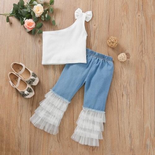 Summer Fashion Girls Clothes Sets Outfits 2-7Y Solid One Shoulder Vest Tops Lace Ruffles Denim Pants